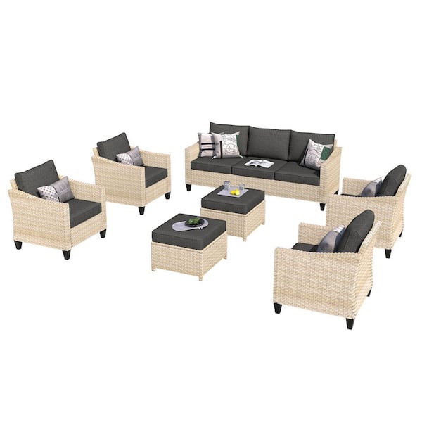 OVIOS Athena Biege 7-Piece Wicker Outdoor Patio Conversation Seating Set with Black Cushions
