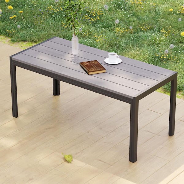Sonkuki Rectangular Gray Metal Frame Plastic Wood Grain Table Top Outdoor Coffee Table Modern Industrial Style