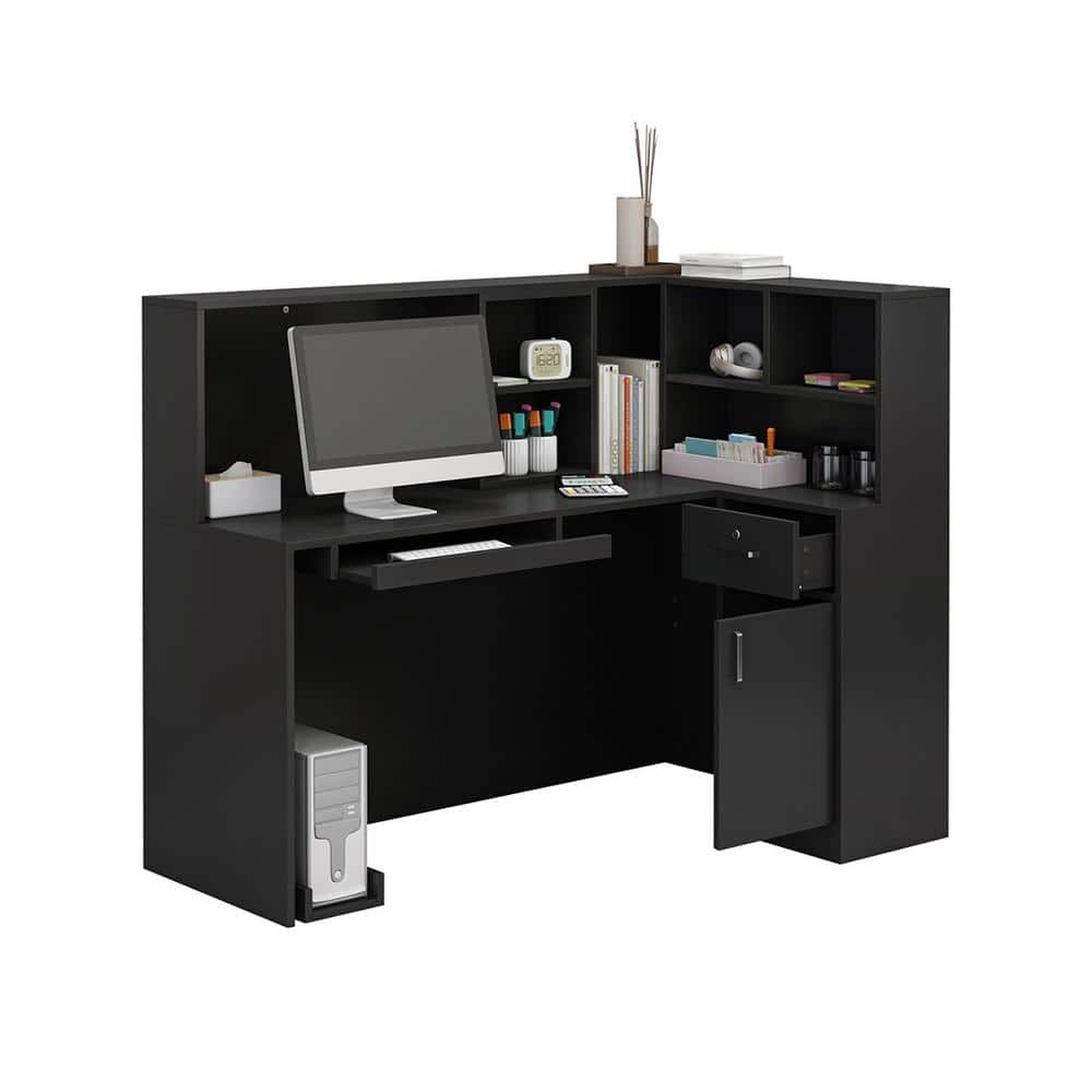 FUFU&GAGA 55.9 in. L Shaped Black Wood Executive Desk Reception Desk ...
