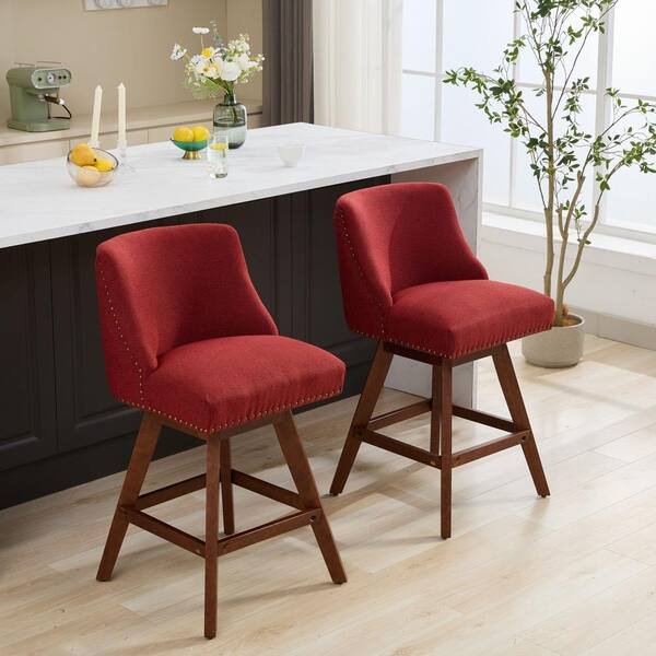 26 in. H Wine Red Wing Back Wood Counter Height Swivel Barstools Upholstered Bar Stools Counter Stools Set of 2