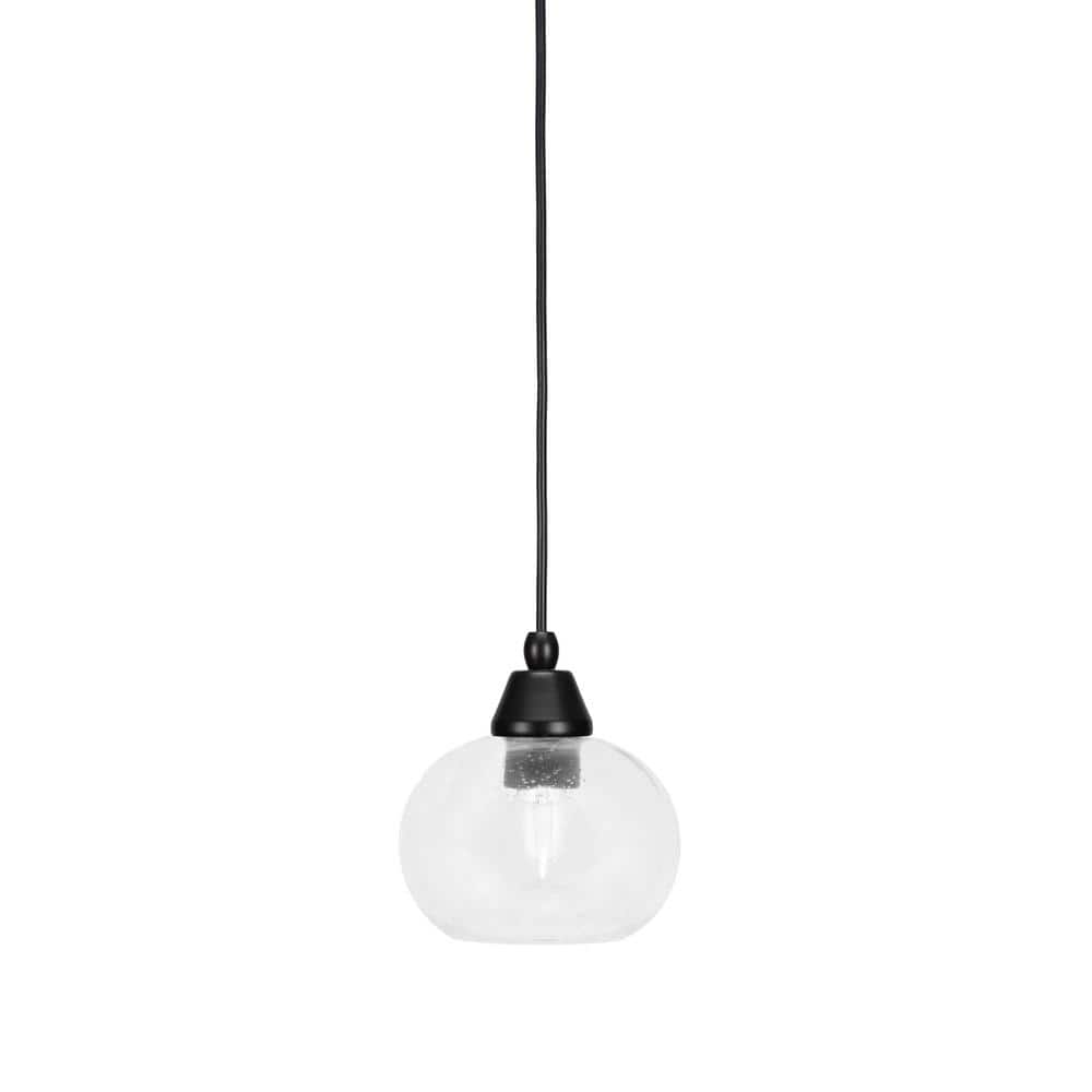 Bryson 7 in. 1-Light Matte Black Cord Pendant Light with 7 in. Clear Bubble
