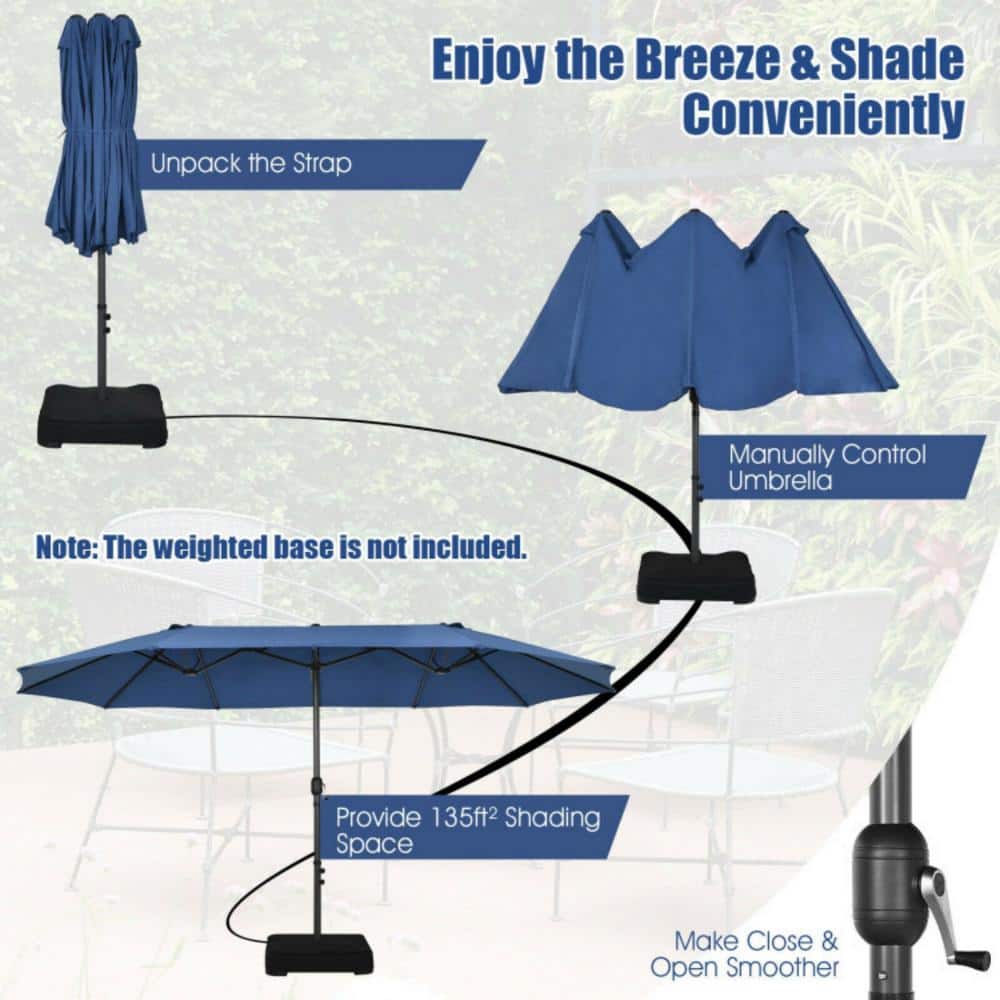 Navy Double-Sided 15ft Patio Umbrella with Hand Crank