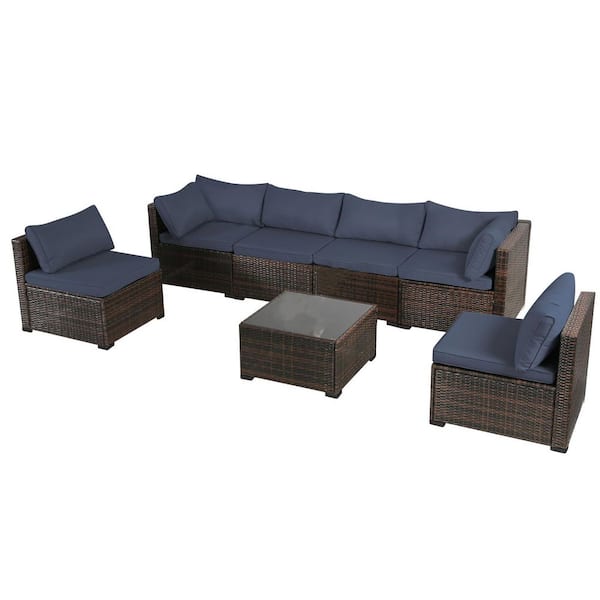 JUSKYS 7-Piece Dark-Brwon PE Wicker All Weather Patio Conversation Set with Deep-Blue Cushions