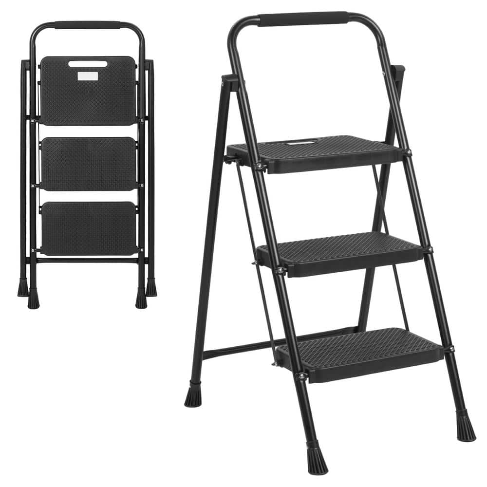 ANGELES HOME Reach 3.5 ft. Metal Folding 3 Step Ladder (8 ft.), 330 lbs ...