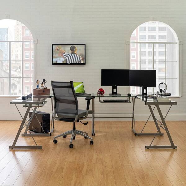 Welwick Designs 102 in. Metal Glass Top U-Shaped Silver Computer Desks with Keyboard Tray