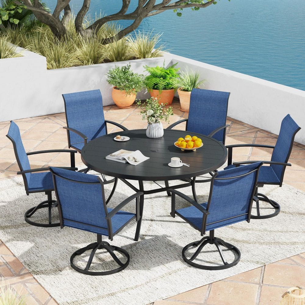 7-Piece Metal Outdoor Patio Dining Set with 50 in. Black Round Table and 6-Blue Textilene Swivel Dining Chairs price history on PriceWatchPro
