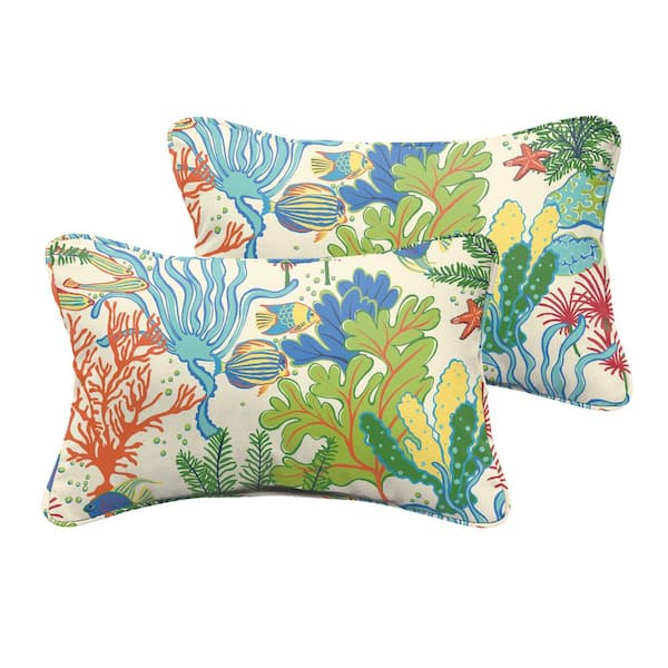 SORRA HOME Blue/Green Seascape Rectangular Outdoor Corded Lumbar Pillows (2-Pack)