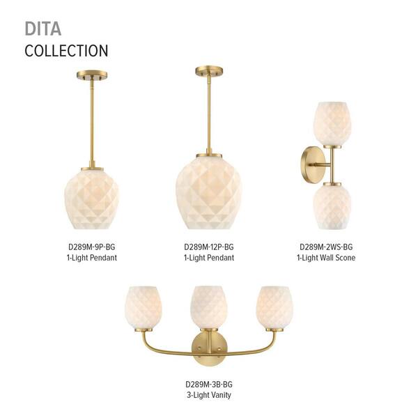 Designers Fountain - Dita 60-Watt 1-Light Brushed Gold Transitional Pendant Light with Etched Opal Glass Shade and No Bulbs Included