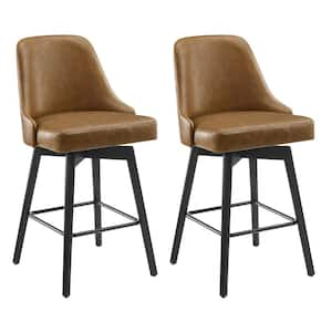 Classical 25.6 in. Seat Height Brown Faux Leather Swivel Counter Stools with Metal/Wood Legs, Set of 2