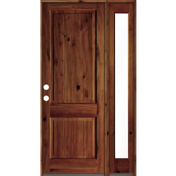 Krosswood Doors 50 in. x 96 in. Knotty Alder Square Top Right-Hand/Inswing Glass Red Chestnut Stain Wood Prehung Front Door with RFSL