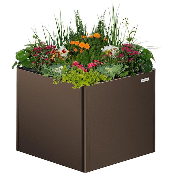 vego garden 32 in. Extra Tall Modern Raised Garden Bed 42 in. x 42" Heavy Metal Planter Box Double Walled Steel Planter Umber Brown