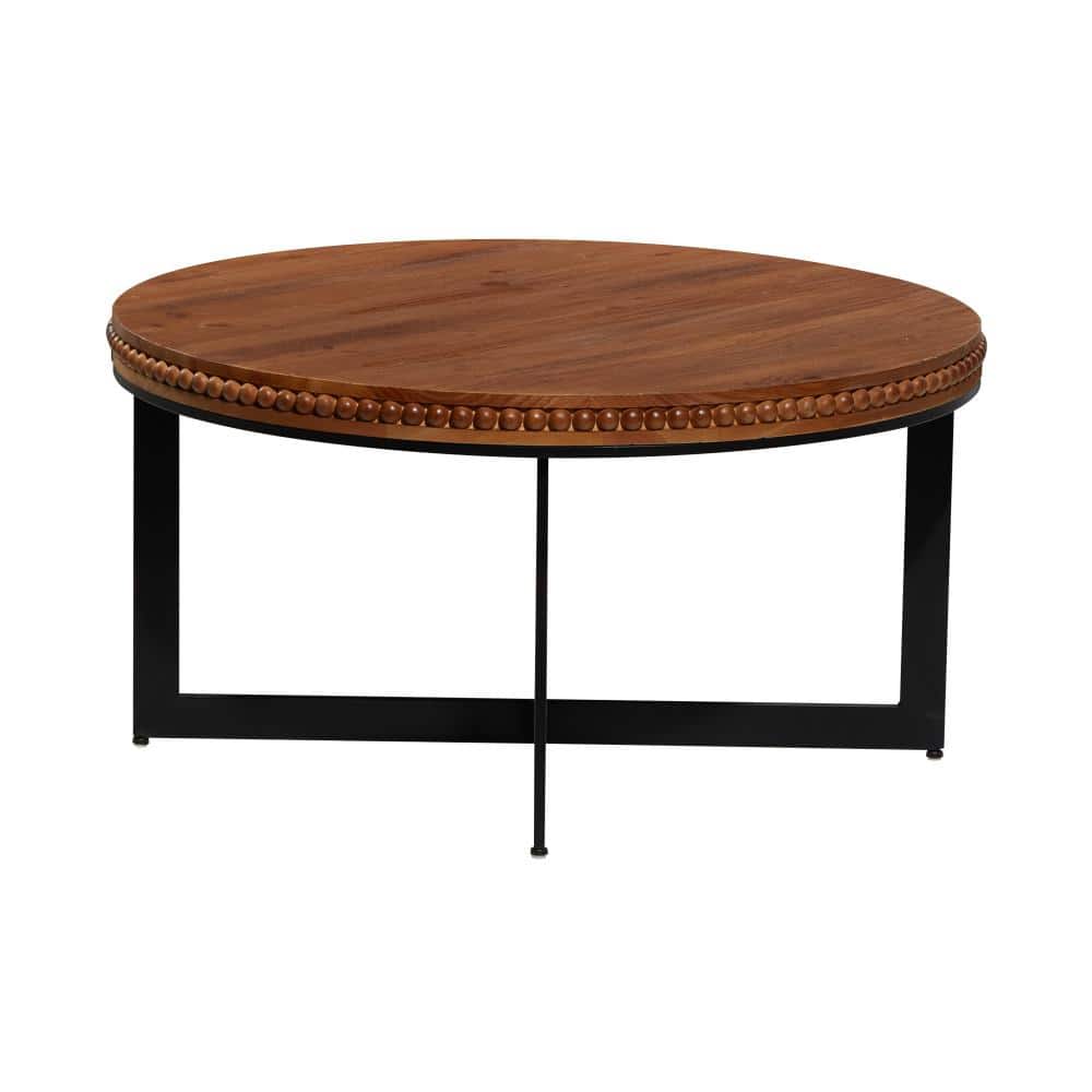 Beaded Edge Brown Wood Round Coffee Table with Metal Accents