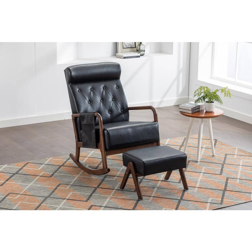 Black PU Backrest Accent Glider Rocker Chair With Ottoman for Living Room