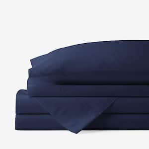 Company Cotton 4-Piece Navy Solid 300-Thread Count Cotton Percale King Sheet Set