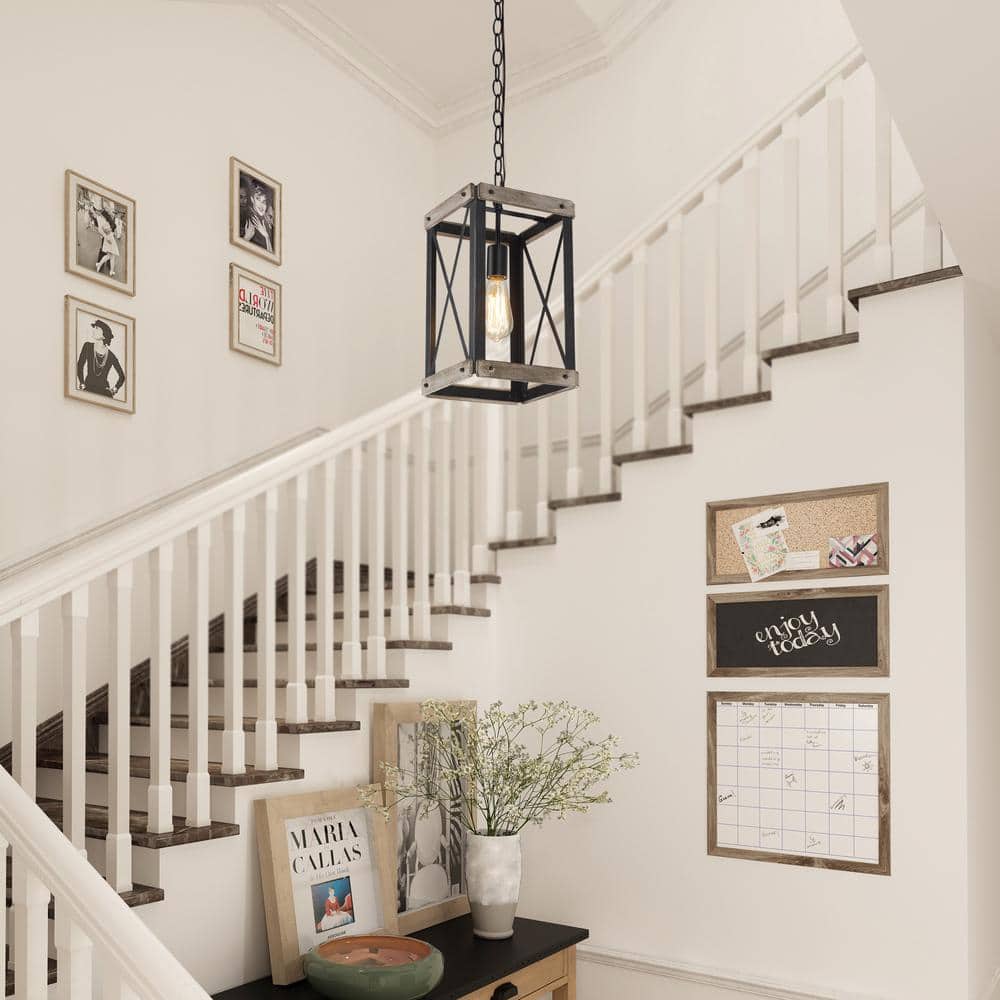 Rustic Black and Wood Cage Pendant Light