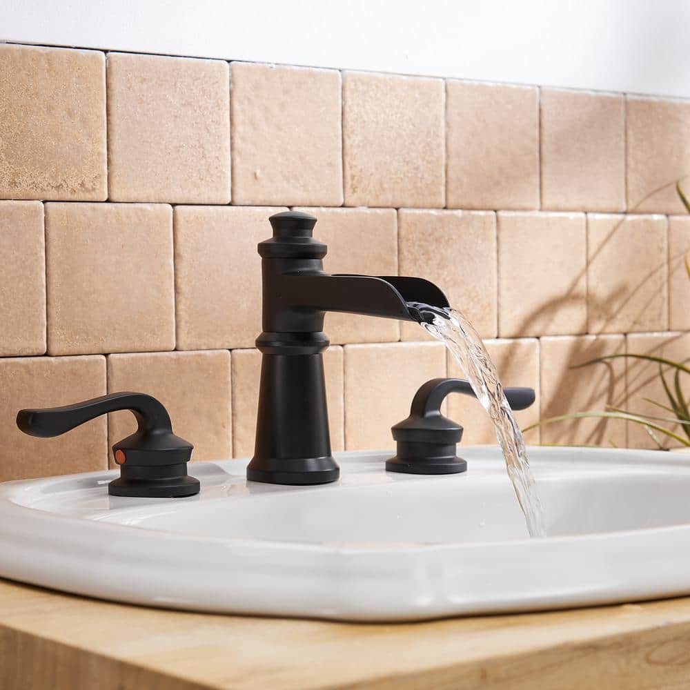 Matte Black Widespread Waterfall Bathroom Faucet with Lever Handles