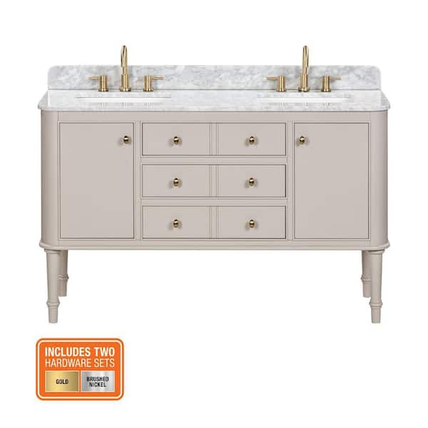 Collette 60 in. Double Sink Greige Bath Vanity with White Carrara Marble Top (Assembled)