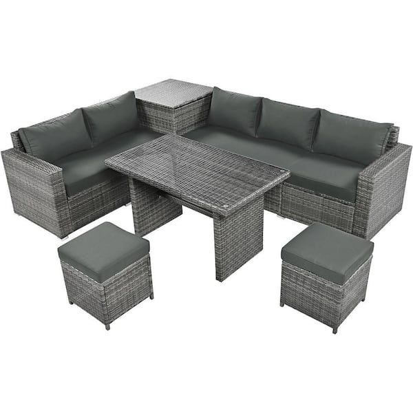 Beige Wicker Outdoor Sectional Set with Gray Cushion