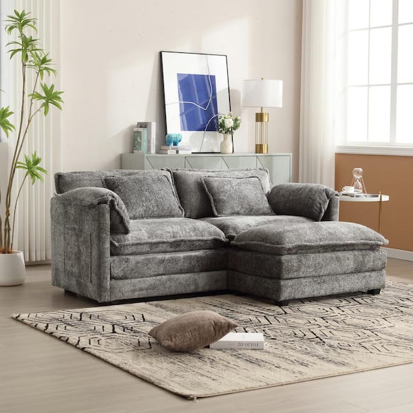 77 in. Square Arm 3-Piece L Shaped Chenille Modern Sectional Sofa in Gray with Moveable Ottoman