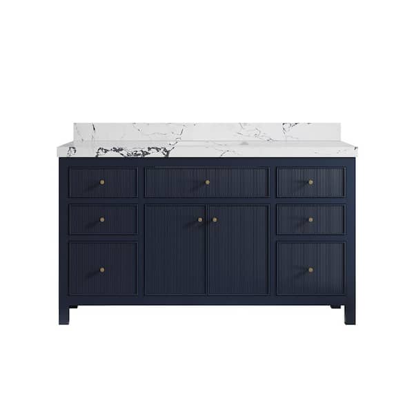 Willow Collections Sonoma 60 in. Single Sink Freestanding Navy Blue Bath Vanity with Viola Night Qt. Top Unassembled