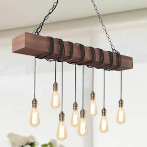 37.5 in 8-Light Farmhouse Black and Wooden Linear Chandelier Rustic Island Pendant for Dining Room, LED Compatible