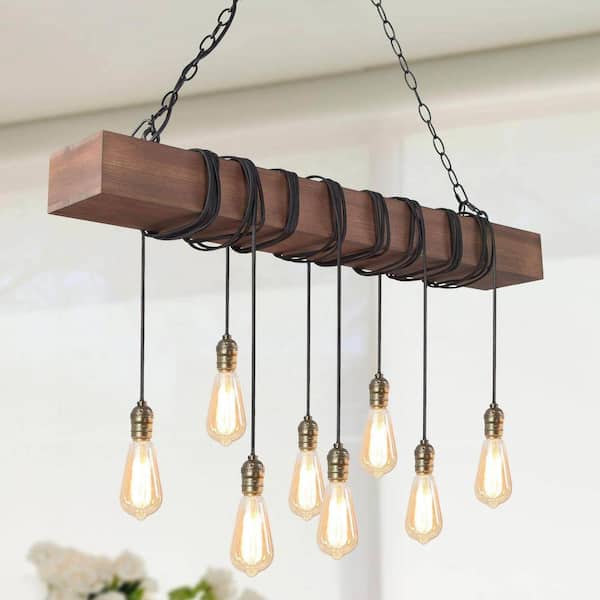 LNC 37.5 in 8-Light Farmhouse Black and Wooden Linear Chandelier Rustic Island Pendant for Dining Room, LED Compatible