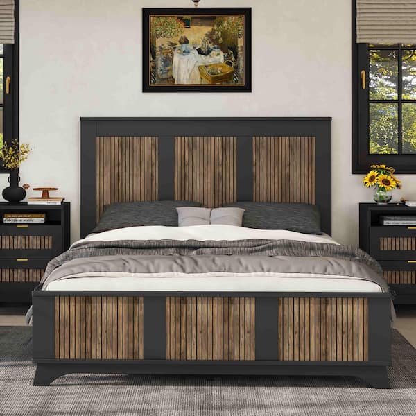 Black Wood Frame Queen Size Platform Bed with Wooden Strip Stickers Decoration