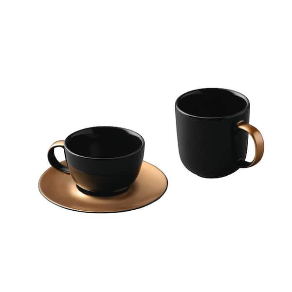 BergHOFF Gem 3pc Coffee And Tea Set, Mug, Cup and Saucer, Black and Gold