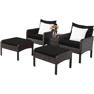 5-Piece Patio Rattan Wicker Furniture Set Sofa Ottoman Coffee Table Cushioned Black