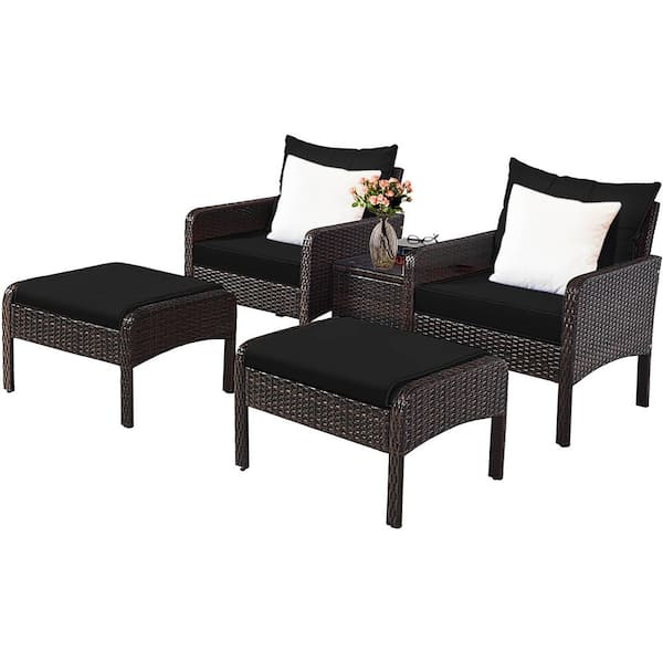 Costway 5-Piece Patio Rattan Wicker Furniture Set Sofa Ottoman Coffee Table Cushioned Black