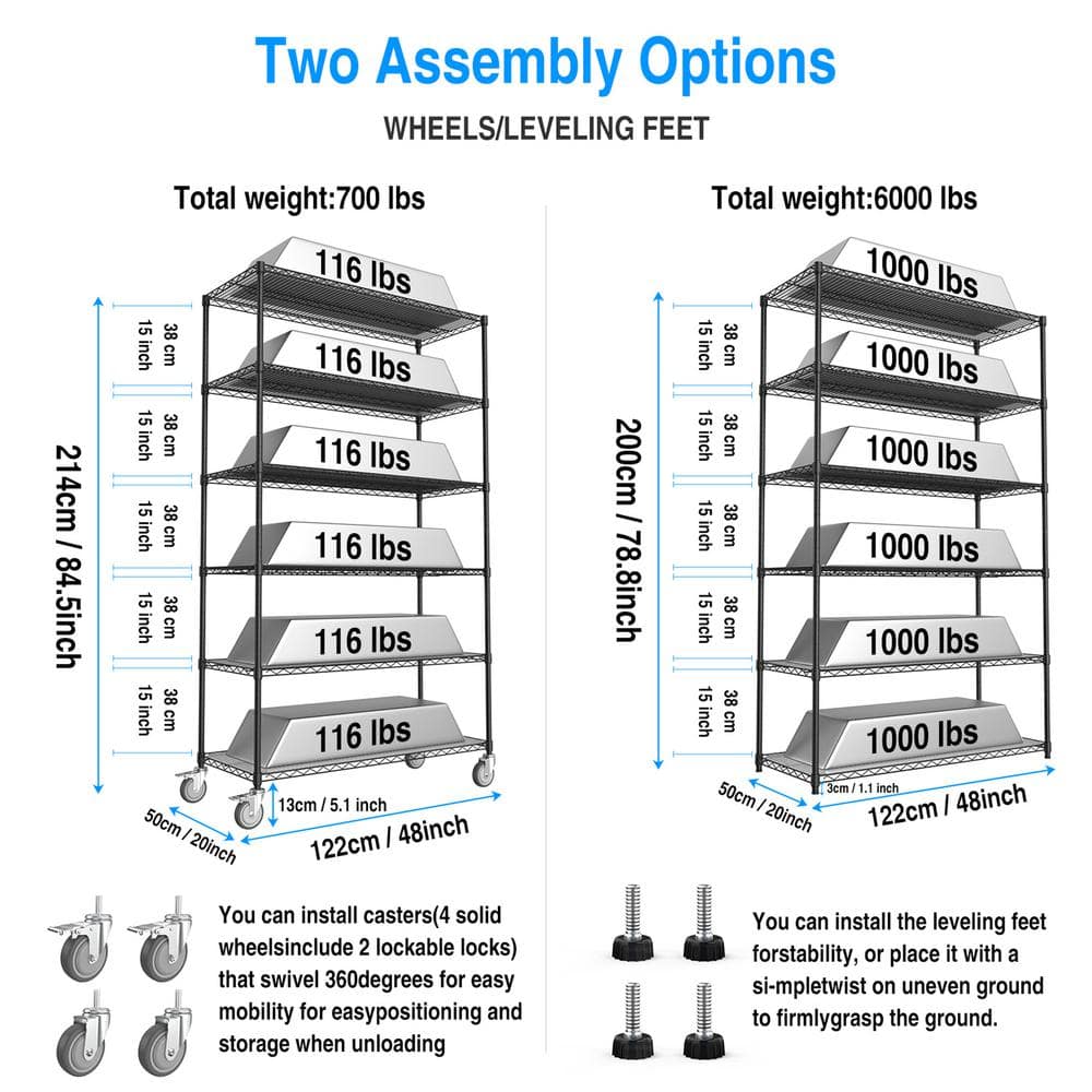 Black 6-Tier Heavy-Duty Adjustable Metal Wire Storage Rack with Wheels