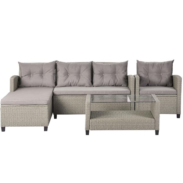 Unbranded Wicker Outdoor Sectional Set with Beige Brown Cushions (Set of 4)