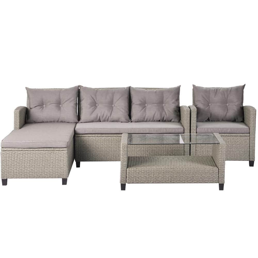 Brown 4-Piece Wicker Rattan Outdoor Patio Furniture Sectional Set Sofa with