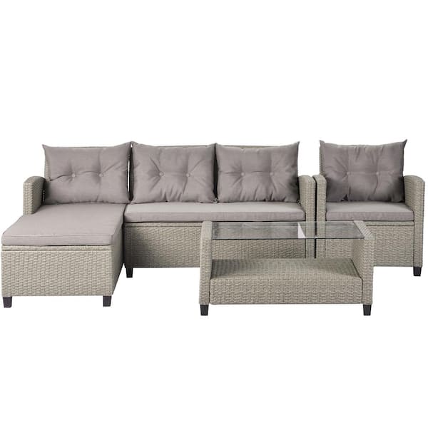 waelph 4-Piece Outdoor Wicker Patio Conversation Set with Gray Seat Cushions