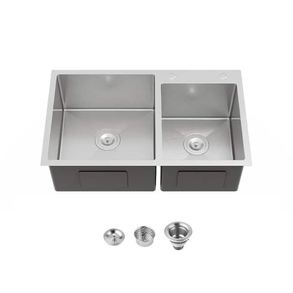 Vitrina 32 in. Drop-In Double Bowl 20 Gauge Brushed Nickel Stainless Steel Kitchen Sink with Drain and Hook