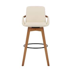 30 in. Luxurious Cream Faux Leather and Walnut Swivel Bar Stool