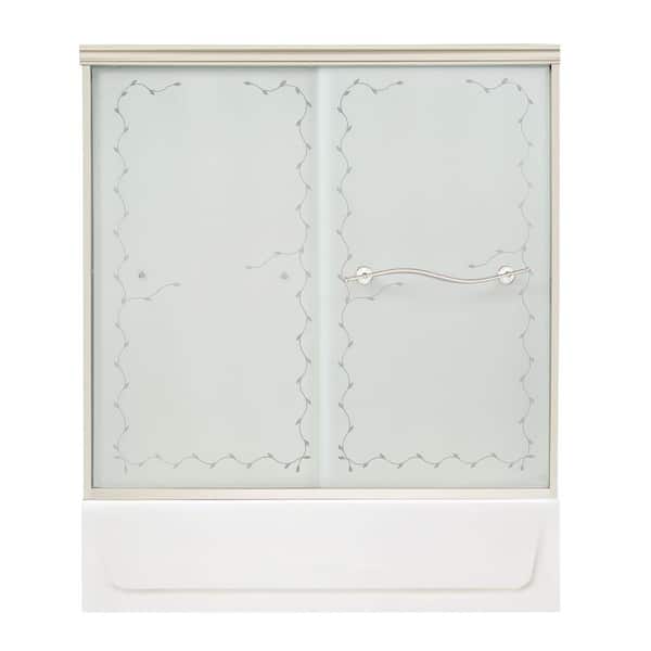 MAAX Vine 54 in. to 59-1/2 in. W Tub Door in Satin Nickel with Frosted Vine Glass-DISCONTINUED