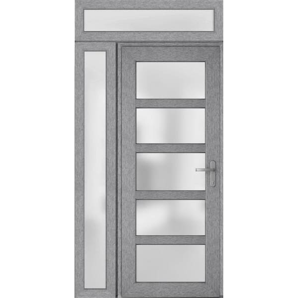 VDOMDOORS 50 in. x 94 in. Left-Hand/Inswing Side and Transom Frosted Glass Grey Steel Prehung Front Door with Hardware