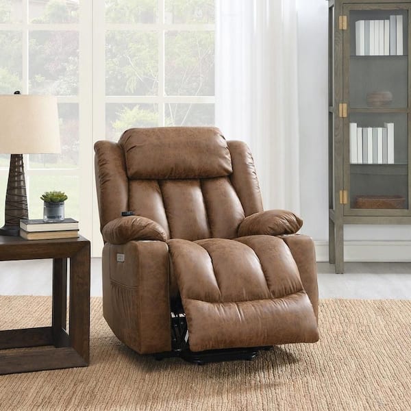 Omarion Brown Polished Microfiber Power Recliner w/ Lift and Heating and Massage