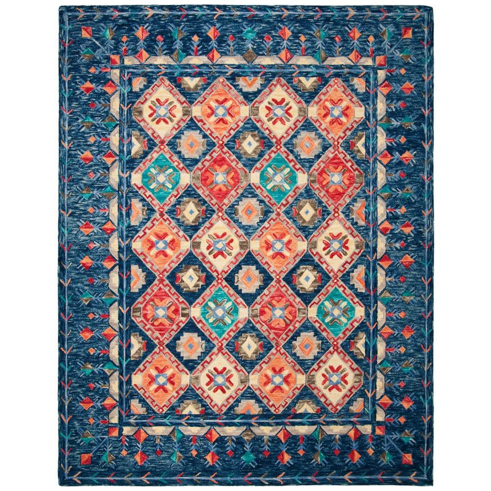 Handmade Tufted Wool Geometric Rectangular Rug 10' x 14' - Blue