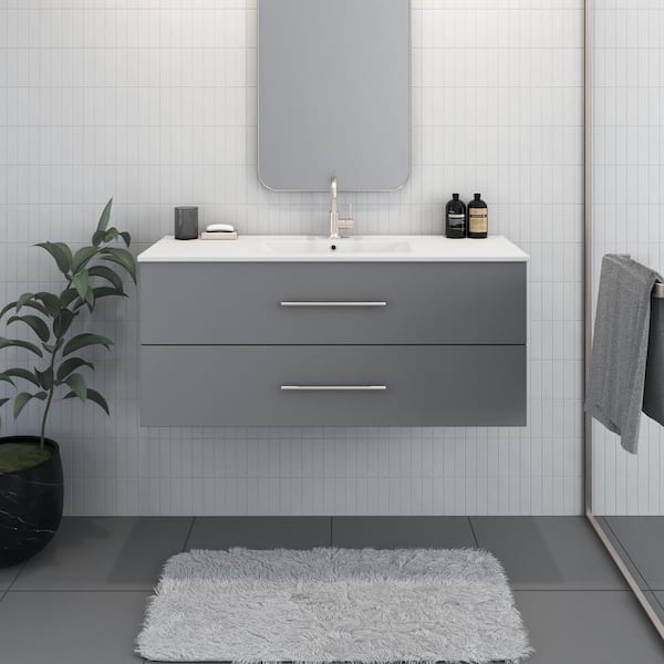 VOLPA USA AMERICAN CRAFTED VANITIES Napa 48 in. W. x 18 in. D Single Sink Bathroom Vanity Wall Mounted in Gray with Ceramic Integrated Countertop