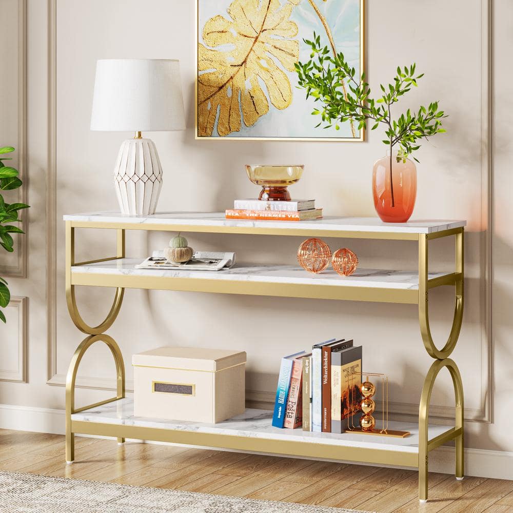 White and Gold Faux Marble 55" Console Table with Storage Shelves