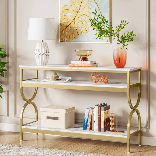 55 in. White and Gold Rectangle Faux Marble Console Table with Open Storage Shelves