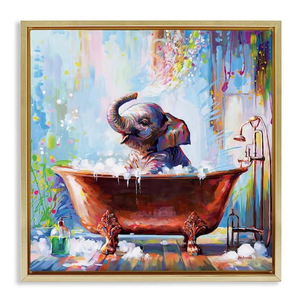 Stupell Industries Splashing Baby Elephant by Leon Devenice Gold Floater Frame Animal Graphic Art Print 25 in. x 25 in.