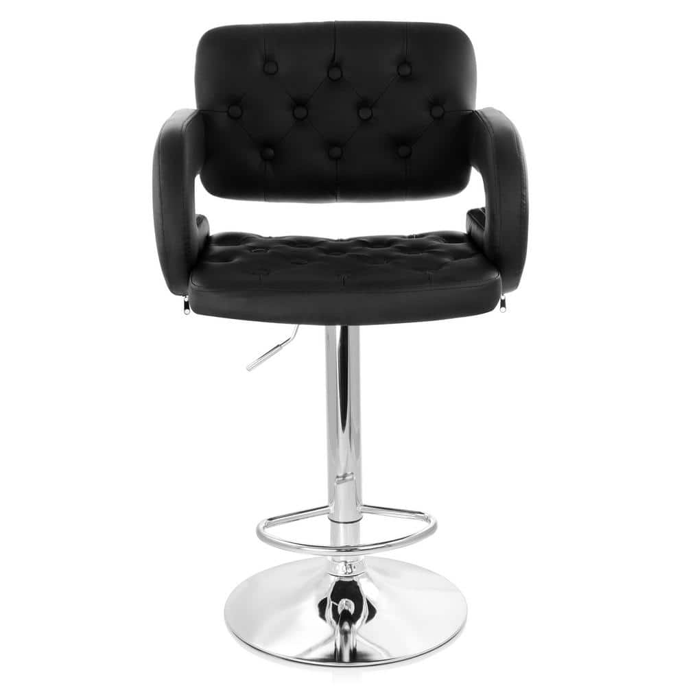 35 in. Black and Chrome High Back Faux Leather Tufted Bar Stool with Adjust