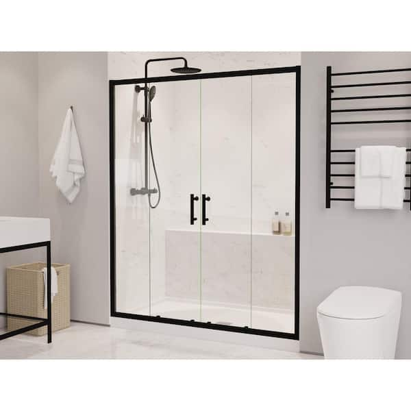 Romance Series 60 in. x 70 in. H Sliding Framed Shower Door in Matte Black with Tsunami Guard Tempered Clear Glass