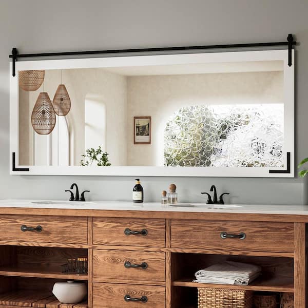72 in. W x 32 in. H Rectangular Barn Door White Mirrors Wood Framed Mirror Farmhouse Bathroom Vanity Mirror