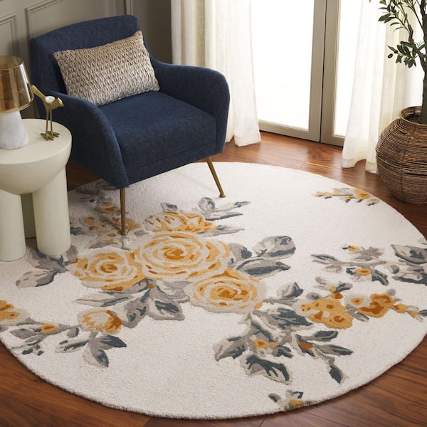 Jardin 6 ft. x 6 ft. Round Ivory/Gold Floral Blossom Area Rug