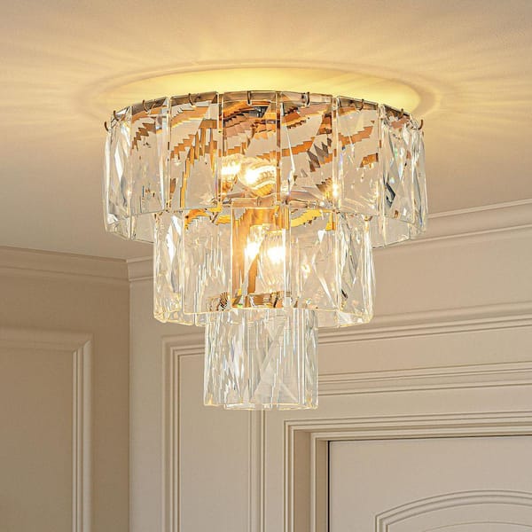 18 in. 4-Lights Modern Glam Antique Gold Crystal Tiered Flush Mount Luxury Ceiling light For Foyer and Entryway