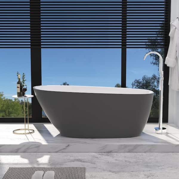 INSTER MUTE 59 in. Acrylic Freestanding Flatbottom Single Slipper Non-Whirlpool Soaking Bathtub in Gray Included Drain